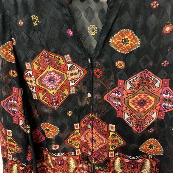 Ruby Rd Semi-Sheer Black Multi-color Geometric Print V-Neck Blouse Sz 14 - Picture 5 of 7